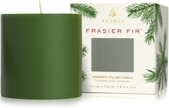 Thymes Frasier Fir Scented Candles for Home Decor - Green Pillar Candles for Women & Men - Place on