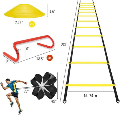 Speed & Agility Ladder Training Equipment Set, Includes 12 Rung 20ft Agility Ladder, 4 Agility