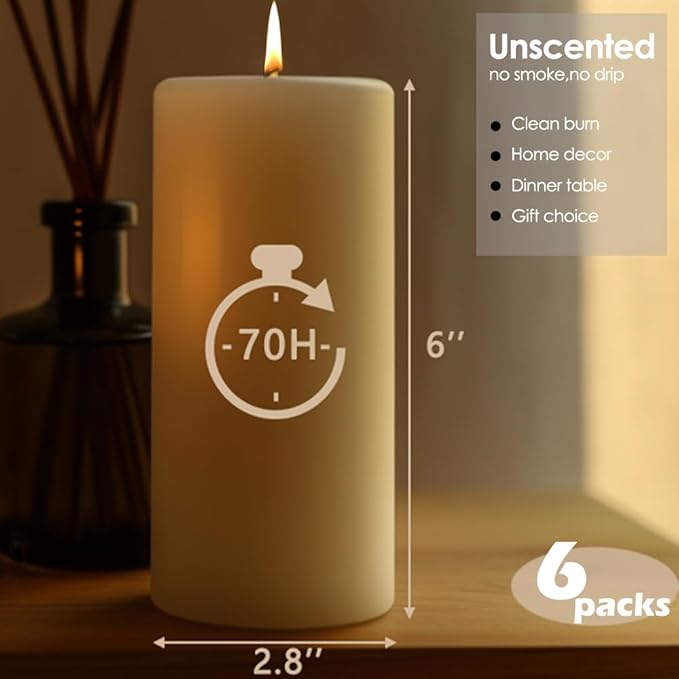 2.8x6 Pillar Candles Set of 6, Unscented Ivory Pillar Candles Bulk, Dripless and Long Clean Burning