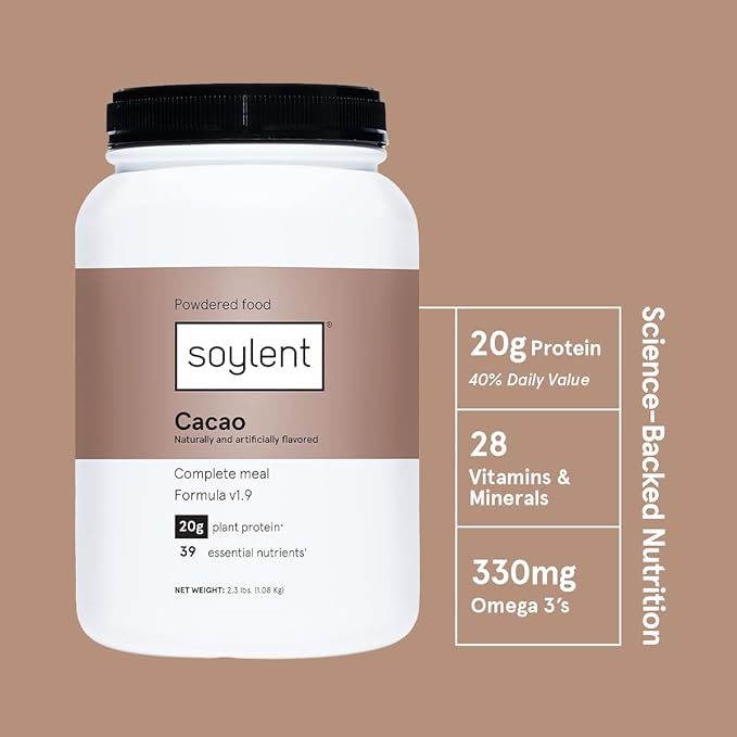 Soylent Complete Nutrition Meal Replacement Protein Powder, Cacao - Plant Based Vegan Protein, 39