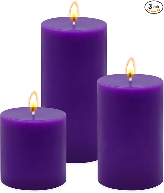 Purple Unscented Pillar Candles 3-Pack ??Dripless & Smokeless, Long-Burning Thick Candles (2",3",4"