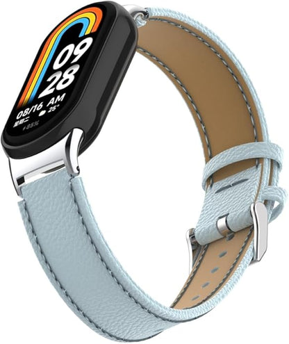 HOPMC Mi Band 8 Fashion Metal Connector Lychee Grain Leather Strap Replacement Wristbands Strap