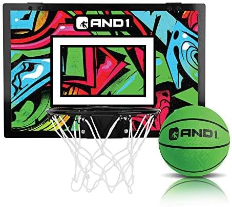 AND1 Over the Door Mini Basketball Hoop: 18x12 Shatterproof Backboard, 2 Mini Basketballs, and Hand