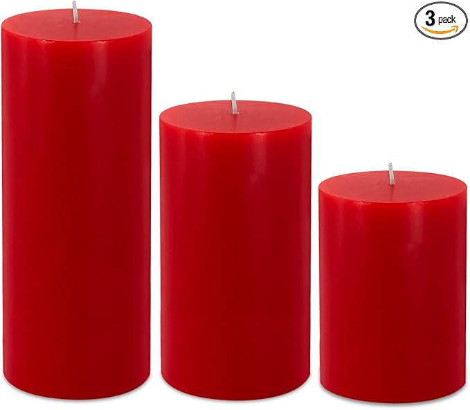 Red Pillar Candles Set of 3 - Dripless Unscented - 3x4, 3x6 & 3x8 inches Decorative Candles for