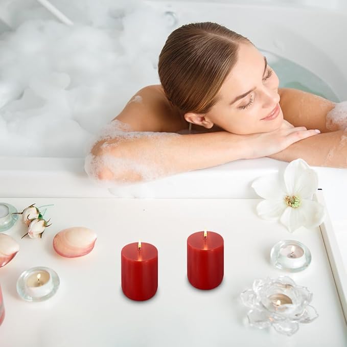 3 Packs Different Sizes Red Colored Pillar Candles, Unscented Non-Toxic 3x4, 3x6, 3x8 Inch Dripless
