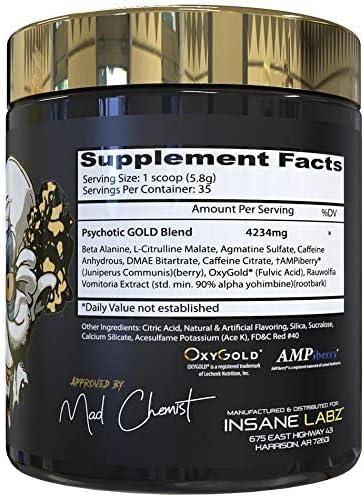 Insane Labz Psychotic Gold, High Stimulant Pre Workout Powder, Extreme Lasting Energy Focus, Pumps
