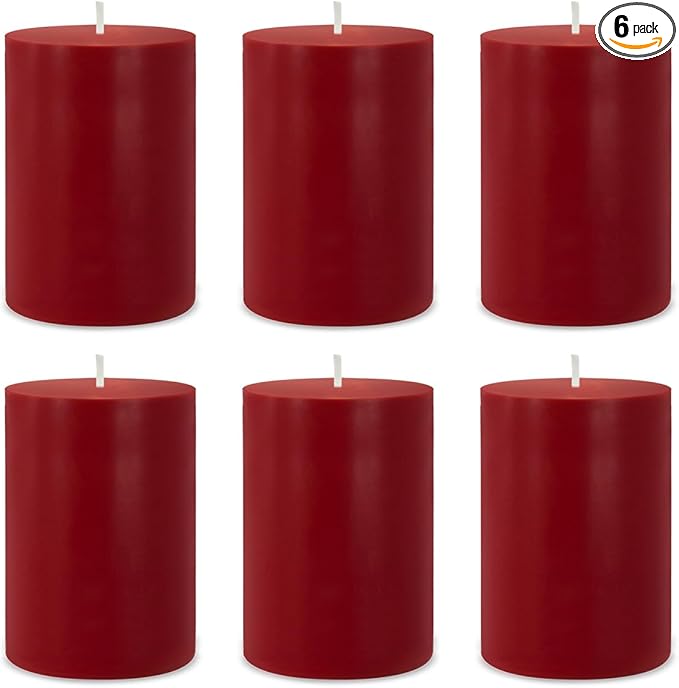 6 Packs 2.75x3.25 Inch Red Colored Pillar Candles, Unscented Dripless Non-Toxic Clean Burning