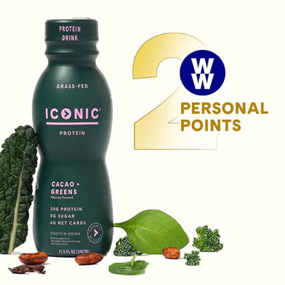 ICONIC Protein Shake, Cacao + Greens (12 Pack) ??20g Grass-Fed Protein Drink ??Low Carb, Sugar