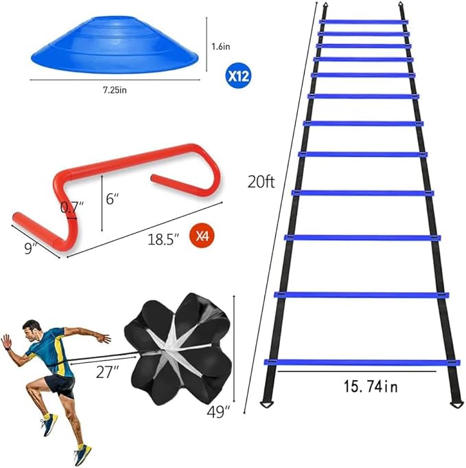 Speed & Agility Ladder Training Equipment Set, Includes 12 Rung 20ft Agility Ladder, 4 Agility