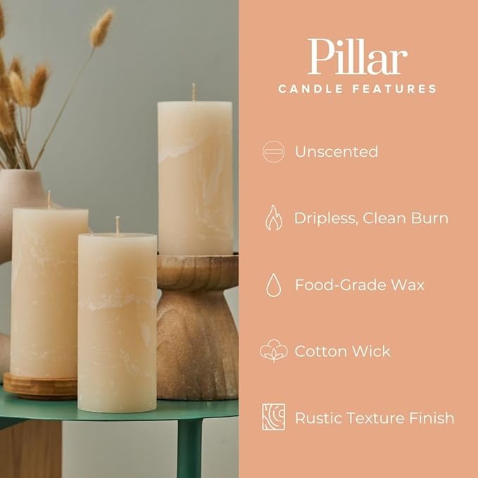Simply Soson 3x3 inch Ivory Pillar Candles Set of 3, Rustic Texture, Unscented Ivory Candles