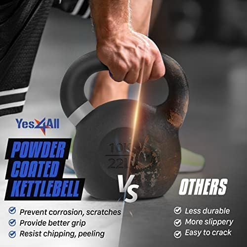 Yes4All Kettlebell, Heavy Duty Powder Coated Cast Iron Kettlebells, Non-Slip Handle & Flat Bottom