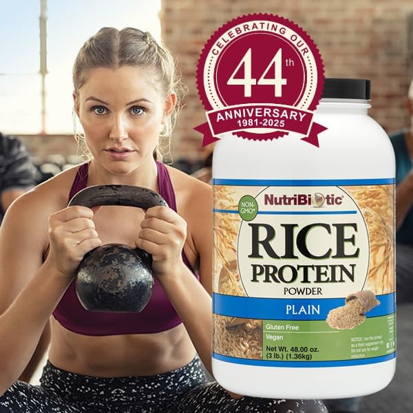 NutriBiotic Plain Rice Protein, 3 Lb (1.36kg) | Low Carb, Vegan & Raw Protein Powder | Grown and