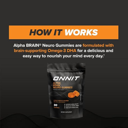 ONNIT Alpha Brain Neuro Focus Gummies - Vegan Gummies with Omega-3s, Lutein, Zeaxanthin & Caffeine