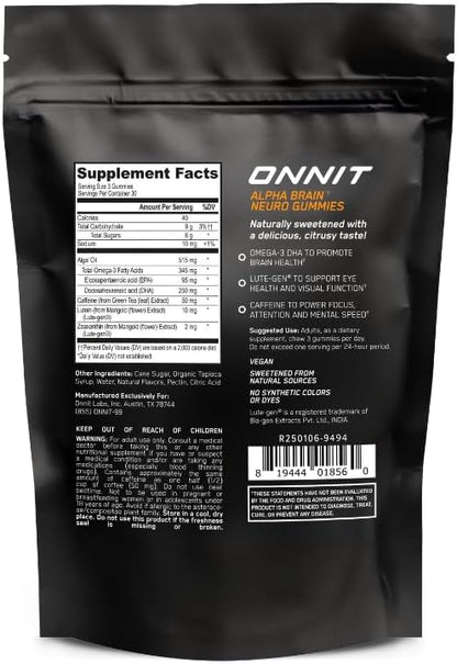 ONNIT Alpha Brain Neuro Focus Gummies - Vegan Gummies with Omega-3s, Lutein, Zeaxanthin & Caffeine