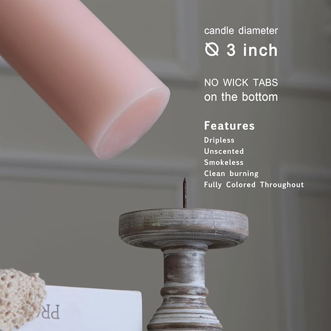 MOZEAL 3" x 4" Hand-Poured Unscented Blush Candle, Dripless Light Pink Pillar Candle Set of 3, Long