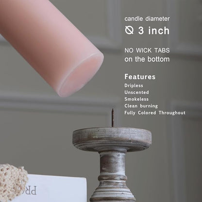 MOZEAL 3" x 4" Hand-Poured Unscented Blush Candle, Dripless Light Pink Pillar Candle Set of 3, Long