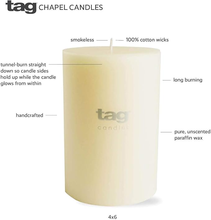 TAG Chapel 3X8 Ivory Pillar Paraffin Wax Candle Unscented Drip-Free Long Burning 115 Hours For Home