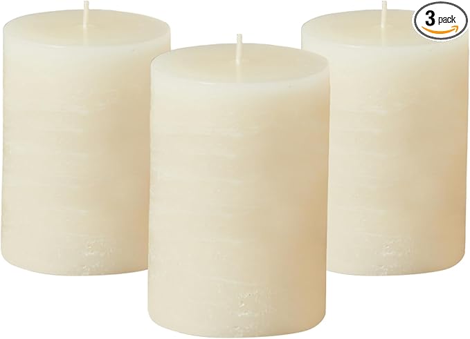 Simply Soson 3x4 inch Ivory Pillar Candles Set of 3, Rustic Texture, Unscented Ivory Candles