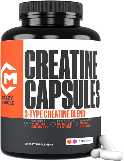 Creatine Capsules, 5g Premium 3X ThreeAtine Pre Workout Bulk Muscle Mass Gainer, High Absorption