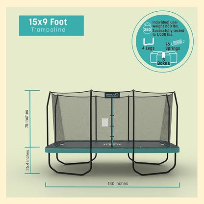 SKYWALKER TRAMPOLINES 12 FT 15 FT Round Trampoline with Safety Enclosure Net, 9 x 15 FT Rectangle