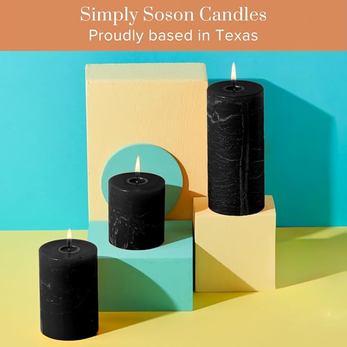 Simply Soson 3x4 inch Black Pillar Candles Set of 3, Rustic Texture, Unscented Black Candles