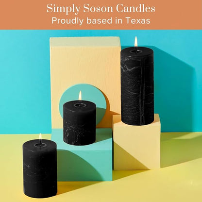 Simply Soson 3x4 inch Black Pillar Candles Set of 3, Rustic Texture, Unscented Black Candles