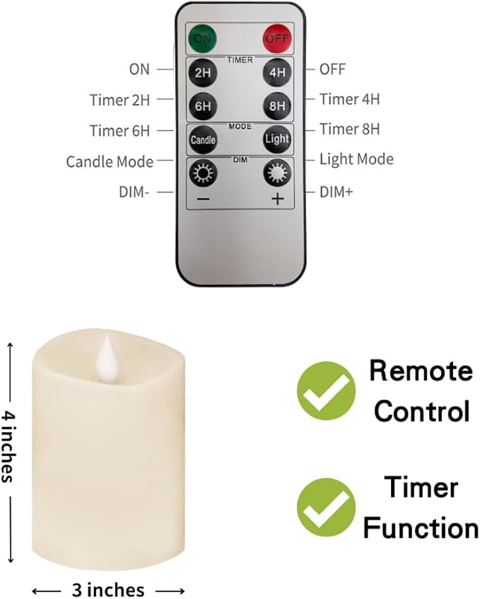 3x4 Flickering Flameless Candles Set of 1,4 inch Real Wax LED 600 Hours Battery Candles with Timer