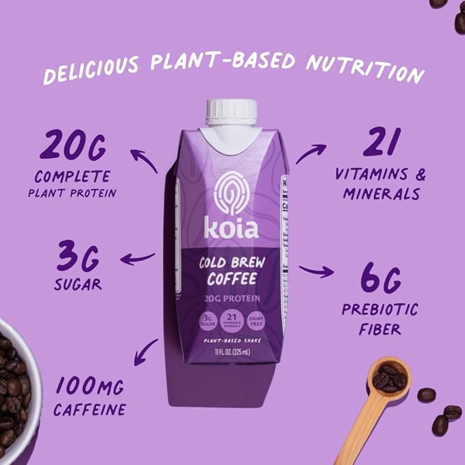 Koia Plant Based Protein Shake, Cold Brew Coffee, 20g Protein, 3g Sugar, 6g Prebiotic Fiber, 21