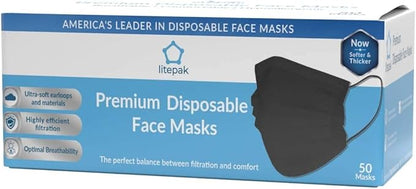 Litepak 2000pcs Disposable Face Masks Black 3-Ply Adult Mask Nose Wire Protection - Breathable