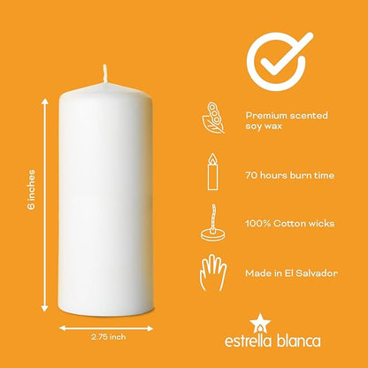 Unscented White Pillar Candle Bulk 3x6, 6 Pack, Long Lasting 70 Hour Burn, Wax Pillar Candles for