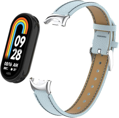 HOPMC Mi Band 8 Fashion Metal Connector Lychee Grain Leather Strap Replacement Wristbands Strap