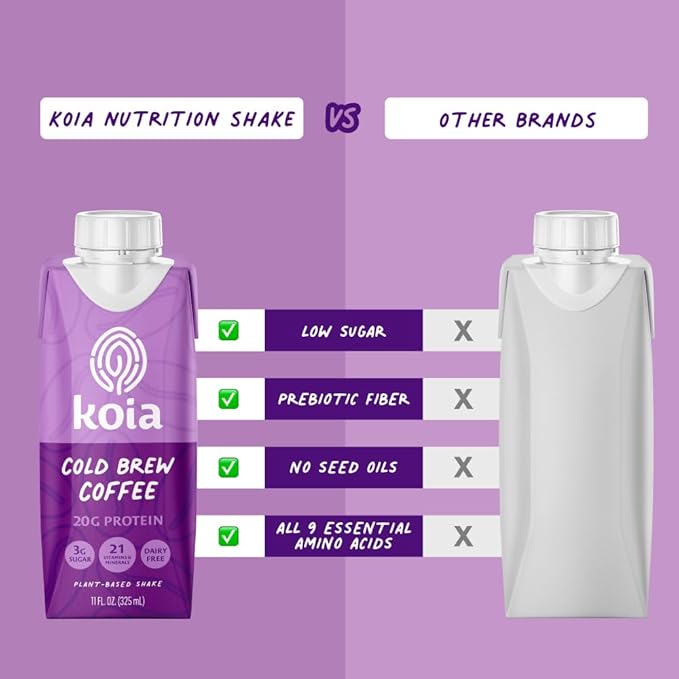 Koia Plant Based Protein Shake, Cold Brew Coffee, 20g Protein, 3g Sugar, 6g Prebiotic Fiber, 21