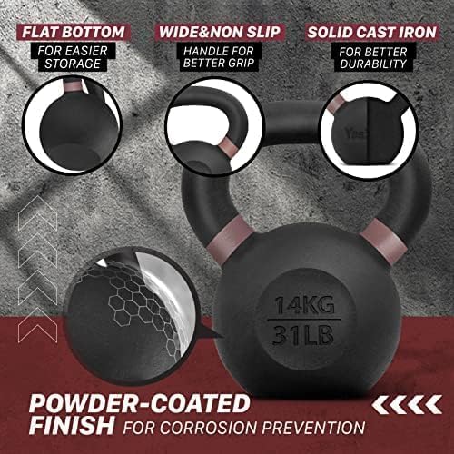 Yes4All Kettlebell, Heavy Duty Powder Coated Cast Iron Kettlebells, Non-Slip Handle & Flat Bottom
