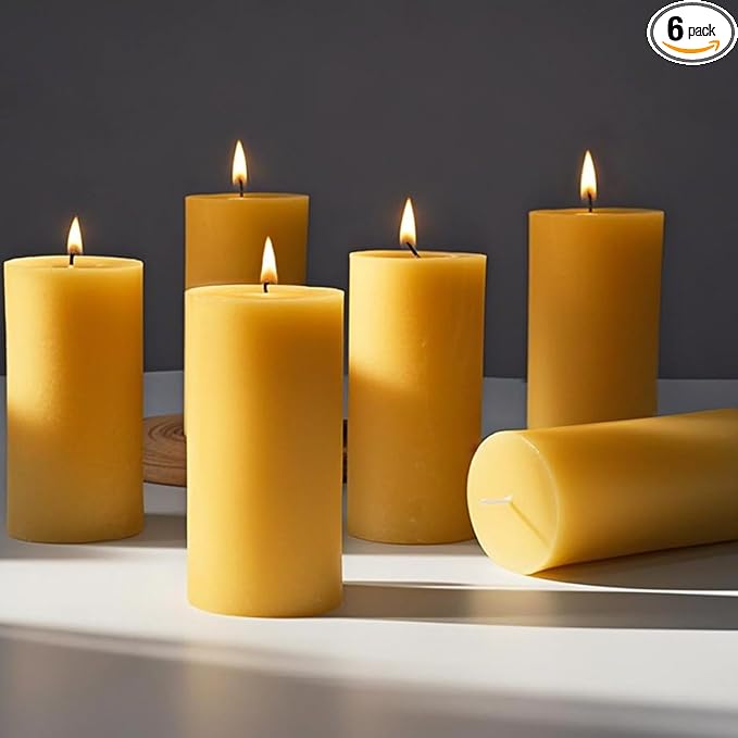 6 Packs Natural Beeswax Candles, 100% Pure Beeswax Pillar Candles for Emergency Prayer Home Decor