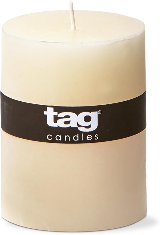 TAG Chapel 3X4 Ivory Pillar Paraffin Wax Candle Unscented Drip-Free Long Burning 46 Hours for Home