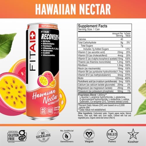 FITAID Post Workout Recovery Drink, Hawaiian Nectar, BCAAs, Glucosamine, Electrolytes, Paleo, Vegan