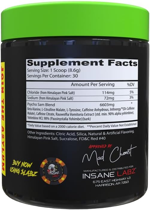 Insane Labz Psycho Sam, High Stimulant Pre Workout Powder, 30 Srvgs (30 Servings (Pack of 1)
