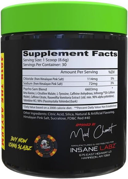 Insane Labz Psycho Sam, High Stimulant Pre Workout Powder, 30 Srvgs (30 Servings (Pack of 1)