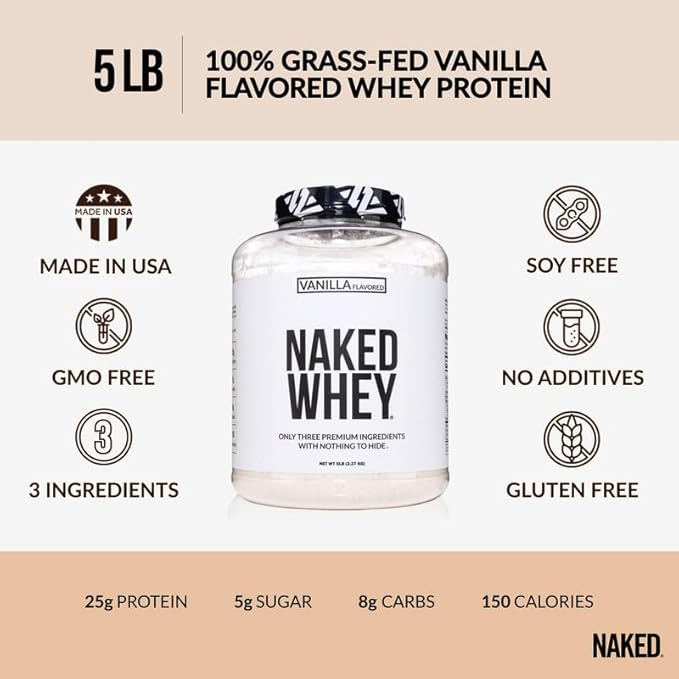 NAKED Vanilla Whey Protein Powder - All Natural Grass Fed Whey Protein Powder, Vanilla Flavor