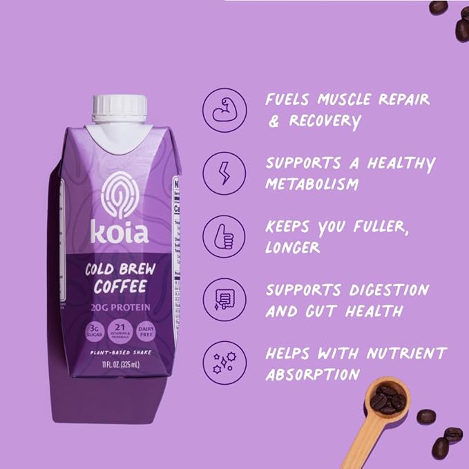 Koia Plant Based Protein Shake, Cold Brew Coffee, 20g Protein, 3g Sugar, 6g Prebiotic Fiber, 21
