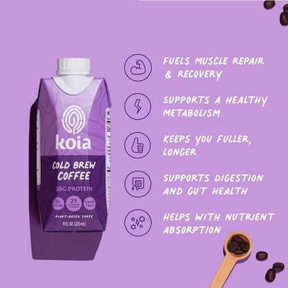 Koia Plant Based Protein Shake, Cold Brew Coffee, 20g Protein, 3g Sugar, 6g Prebiotic Fiber, 21