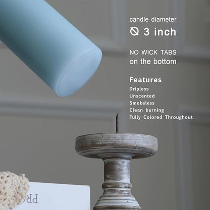 MOZEAL 3" x 4" Hand-Poured Unscented Baby Blue Candle, Dripless Sky Blue/Light Blue Pillar Candle