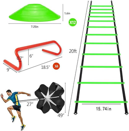 Speed & Agility Ladder Training Equipment Set, Includes 12 Rung 20ft Agility Ladder, 4 Agility