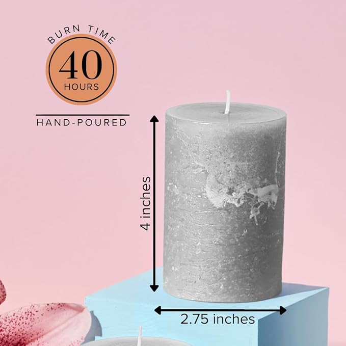 Simply Soson 3x4 inch Grey Pillar Candles Set of 3, Rustic Texture, Unscented Grey Candles