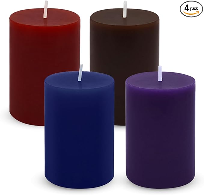 Set of 3 2x3 Inch Mix Colored Pillar Candles, Unscented Dripless Small Red, Brown, Purple and Navy