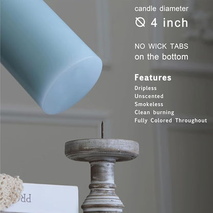 MOZEAL 4" x 10" Extra-Large Baby Blue Pillar Candles (Set of 2), Unscented, Dripless, Smokeless