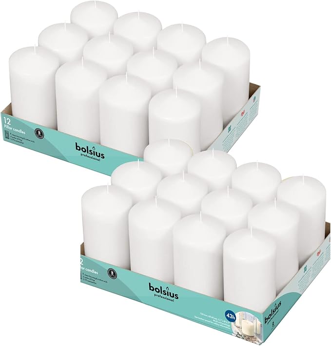BOLSIUS White Pillar Candles - 2.7x5.1 Inches - 2 Packs = Total 24 Candles - 43+ Hours - Premium