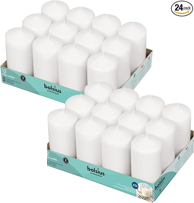 BOLSIUS White Pillar Candles - 2.7x5.1 Inches - 2 Packs = Total 24 Candles - 43+ Hours - Premium