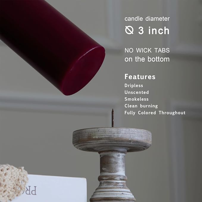 MOZEAL 3" x 4" Hand-Poured Unscented Burgundy Candle, Dripless Maroon/Dark Red Pillar Candle Set of