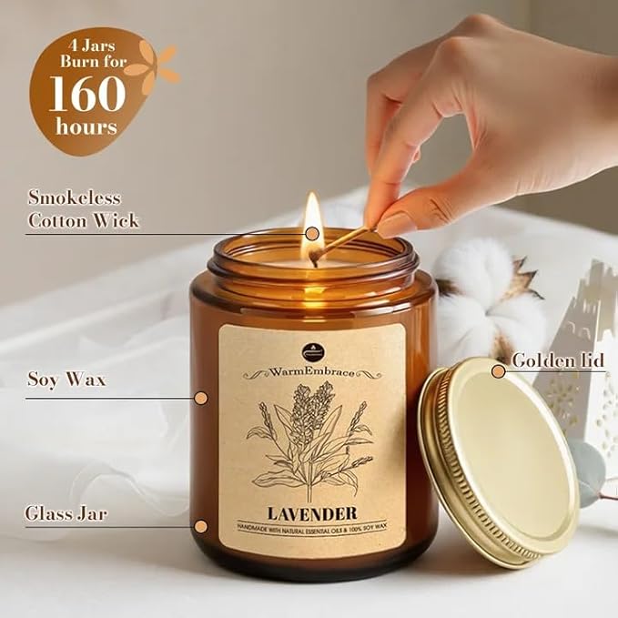 WarmEmbrace Lavender Candles, 4-Pack Scented Candle Set for Women, 7.6 oz Natural Organic Soy Wax